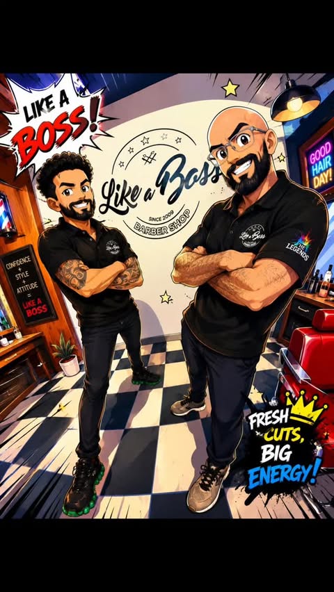 Like a Boss Barbershop team artwork — fresh cuts big energy
