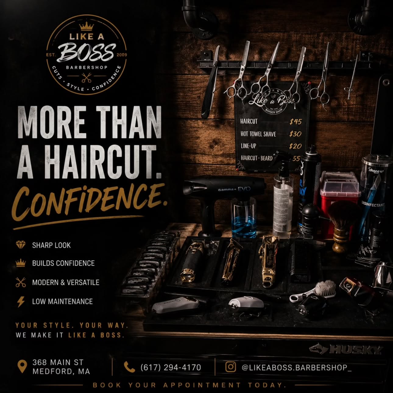 Like a Boss Barbershop branding — more than a haircut, cuts style confidence